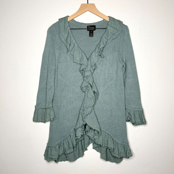 Pure Handknit Womens Cardigan Sweater Small / Medium Green Cotton Lagenlook Boho - Picture 1 of 11